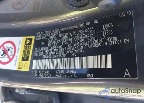 2010 Toyota Highlander Se V6 из США, поврежденный, VIN 5TDJK3EH2AS036740